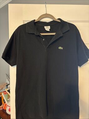 Lacoste Black Short-Sleeve Pique Polo with Green Crocodile